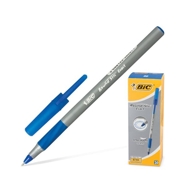 Ручка шариковая с грипом BIC Round Stic Exact, СИНЯЯ, корпус серый, узел 0,8 мм, линия письма 0,3 мм, 918543, (40 шт.)
