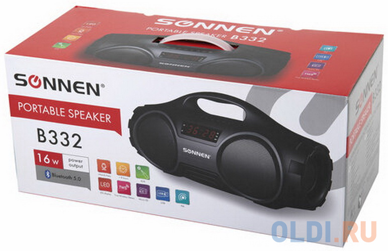 Колонка портативная SONNEN B332, 16 Вт, Bluetooth, FM-тюнер, microSD, MP3-плеер, черная, 513480