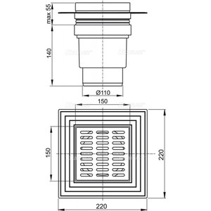 Душевой трап AlcaPlast 150х150/110 подводка прямая, нержавеющая сталь, гидрозатвор мокрый (APV13)