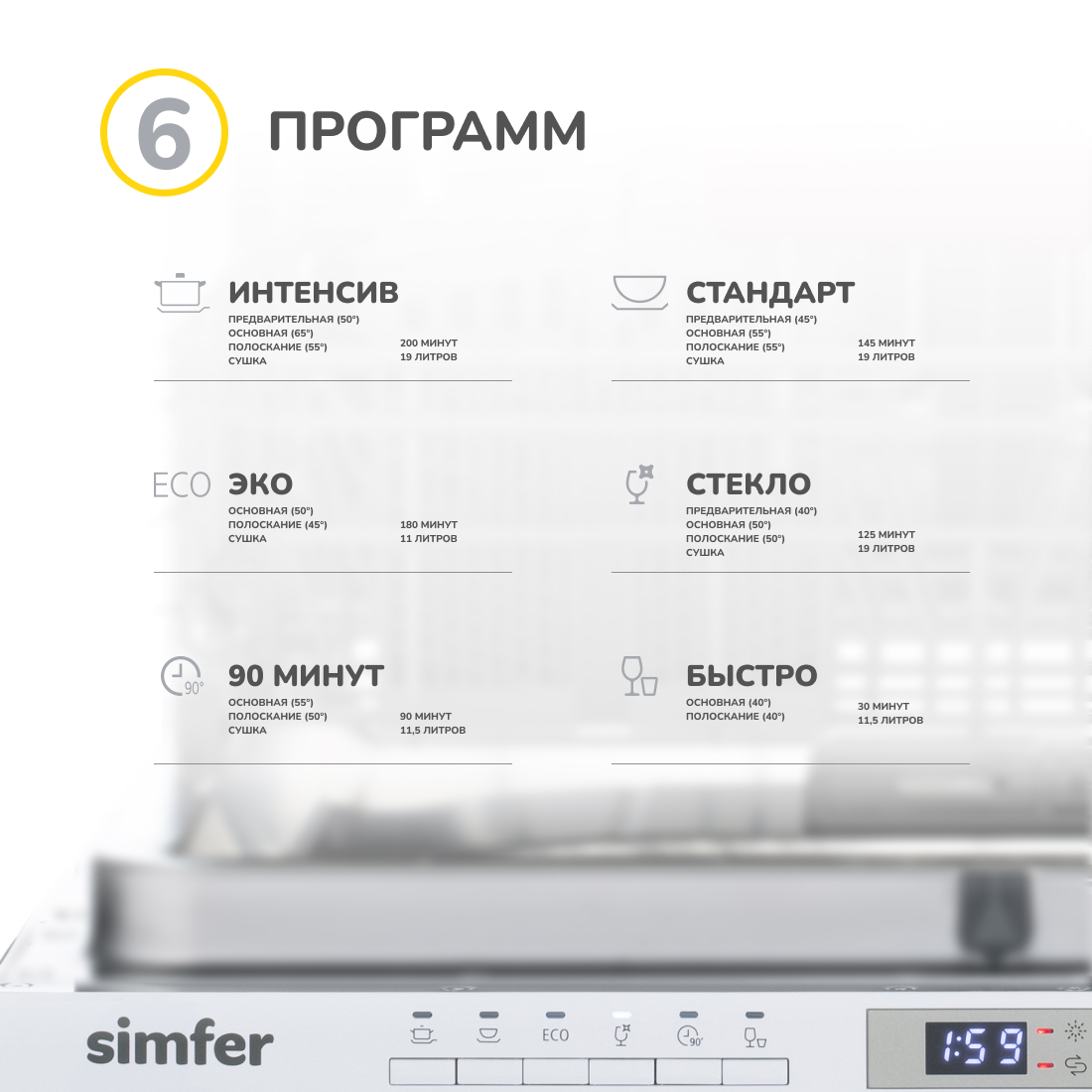 Встраиваемая посудомоечная машина Simfer DGB6701 (aqua stop, луч на полу, верхняя полка складывается, энергоэффективность A+++, внутренняя подсветка, вместимость 14 комплектов)