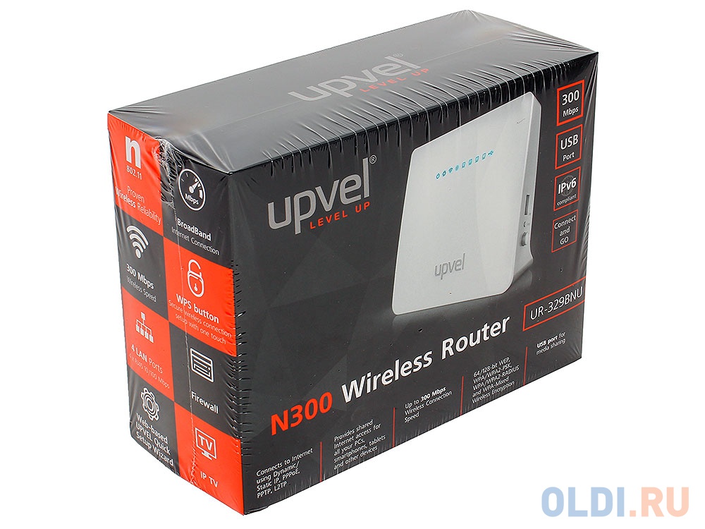 Маршрутизатор UPVEL UR-329BNU 2,4 ГГц, 802.11b/g/n, 1 порт WAN 10/100 Мбит/с + 4 порта LAN 10/100 Мбит/с, 2 внутренние 3 дБи антенны, поддержка PPTP/L