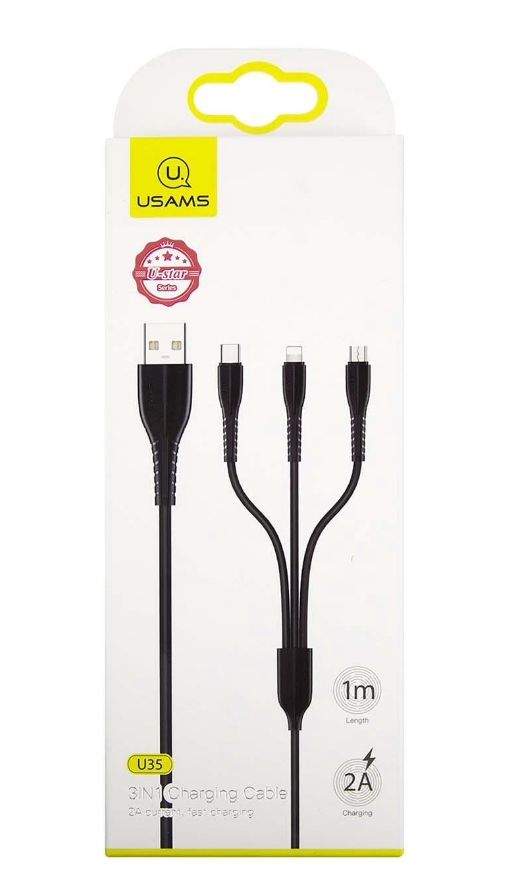 Дата-Кабель USAMS 3 в 1, USB - Type-C, micro USB, Lightning, черный (SJ367USB01)