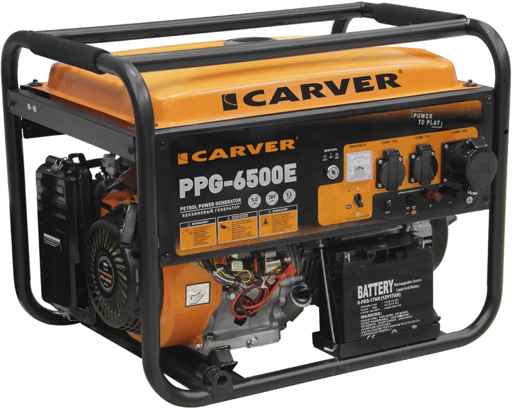 Электрогенератор Carver PPG- 6500Е, однофазный, синхронный, бензиновый, 13 л.с., 5.5кВт, 2xEURO 16A + 1x220В 32A (01.020.00005)