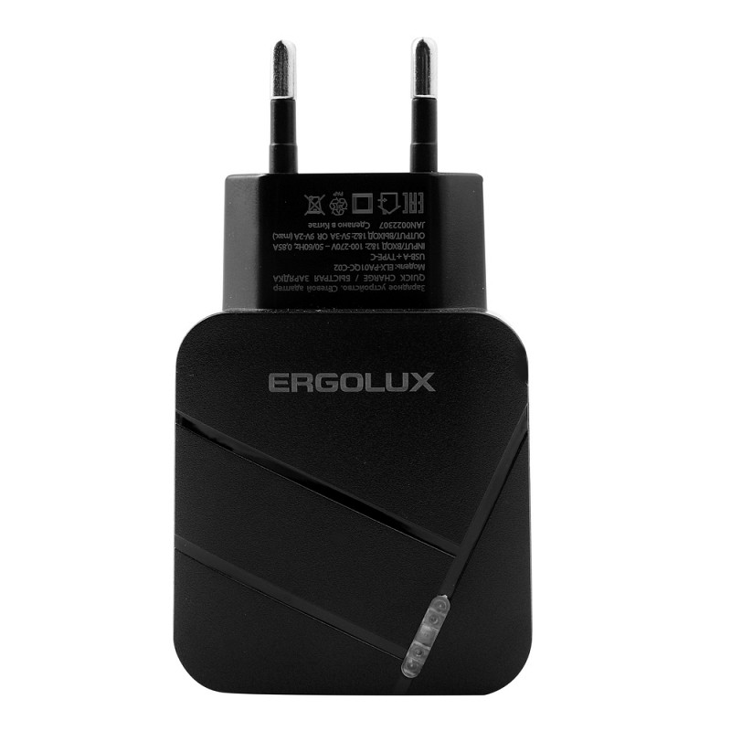 Зарядное устройство Ergolux USB+Type-C Black ELX-PA01QC-C02