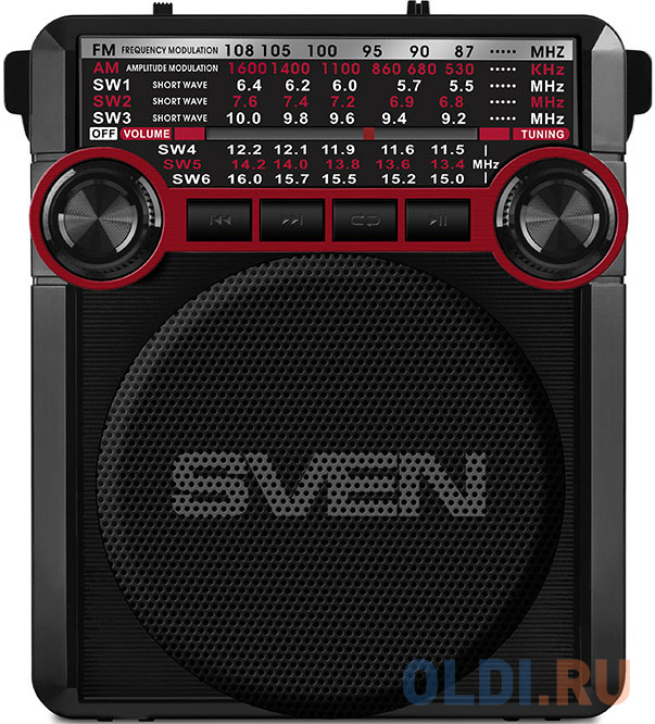 АС SVEN SRP-355, красный (3 Вт, FM/AM/SW, USB, SD/microSD, фонарь, встроенный аккумулятор)