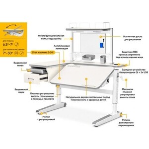 Парта трансоформер Mealux Woodville Multicolor Energy с полкой, столешница беленый дуб, накладки на ножках серые (BD-850 TG/MC Energy+BD P-17 TG)