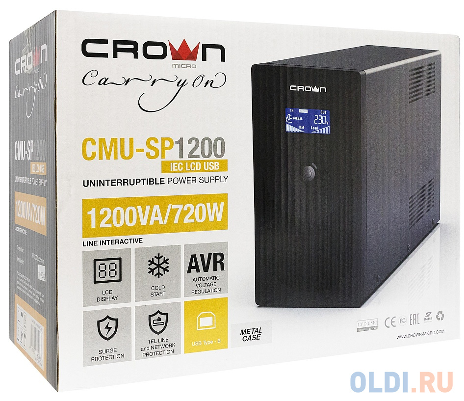 UPS CROWN 1200VA / 720W, metal, 2x12V / 9AH, 8 * IEC sockets + 1*IEC С13 bybass, AVR 140-290V, 1.8m