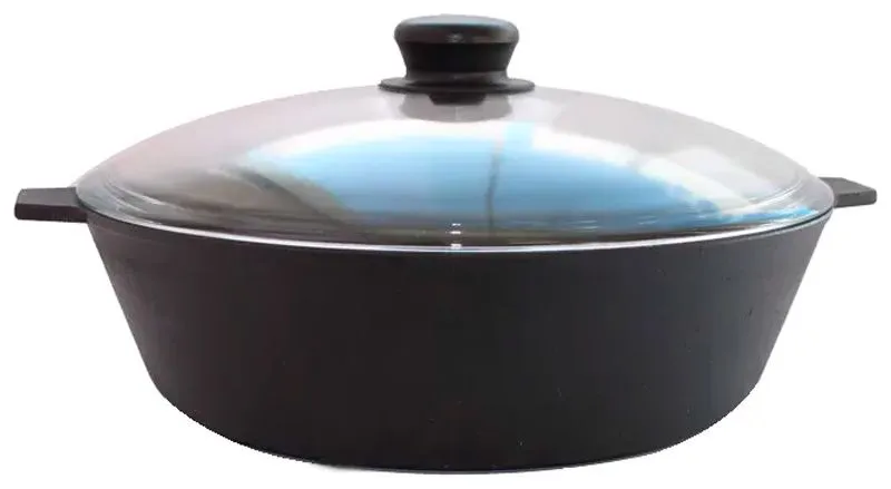 Сковорода Камская посуда 28 см, чугун, антипригарное покрытие, черный с крышкой (У8082)