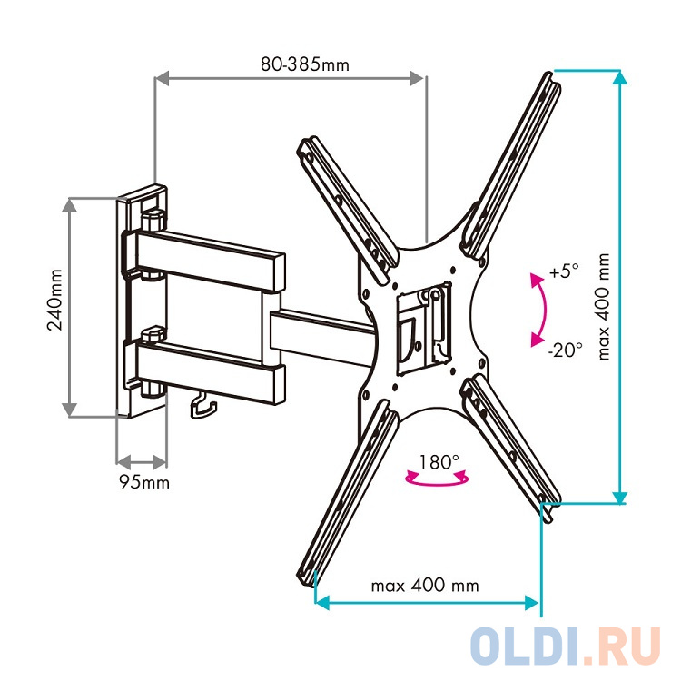 Кронштейн VLK TRENTO-17 black, для LED/LCD TV 20"-55", max 25 кг, настенный, 5 ст свободы, max VESA 400x400 мм в Москвe