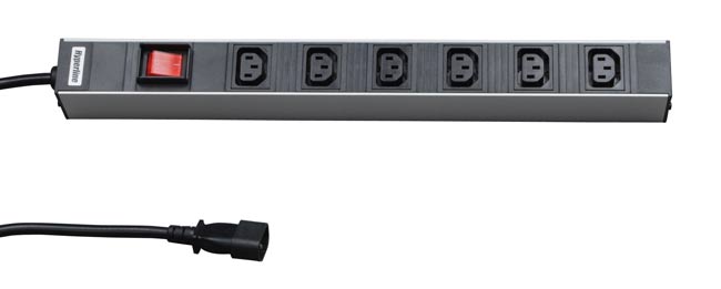Блок розеток, кол-во розеток: 6 (6xC13), черный/серебристый, выключатель, кабель питания 2.5 м, Hyperline (SHT19-6IEC-S-2.5IEC)