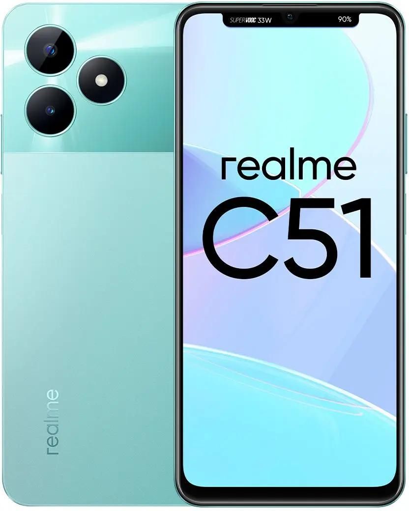 Смартфон Realme C51, 6.74" 720x1600 IPS, Unisoc T612, 4Gb RAM, 64Gb, 3G/4G, NFC, Wi-Fi, BT, 2xCam, 2-Sim, 5000 мА⋅ч, USB Type-C, Android 13, зеленый (631011000844)