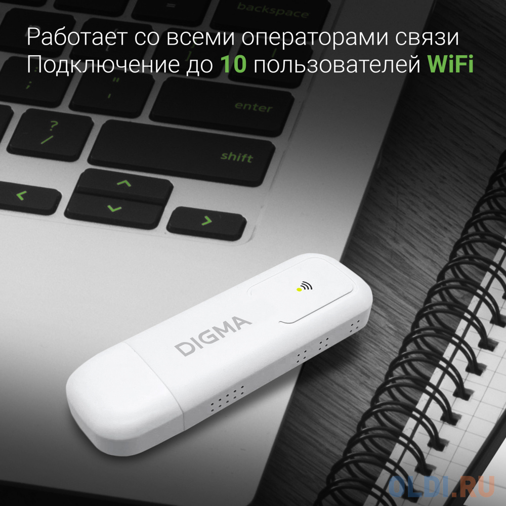 Модем 3G/4G Digma Dongle WiFi DW1960 USB Wi-Fi Firewall +Router внешний белый