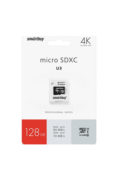 Карта памяти SmartBuy micro SDXC 128Gb Pro UHS-I U3 + ADP (90/70 Mb/s)