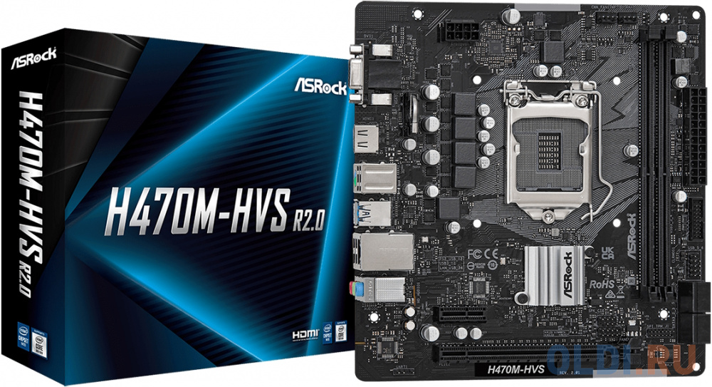 Материнская плата Asrock H470M-HVS R2.0 Soc-1200 Intel H470 2xDDR4 mATX AC`97 8ch(7.1) GbLAN+VGA+HDMI в Москвe