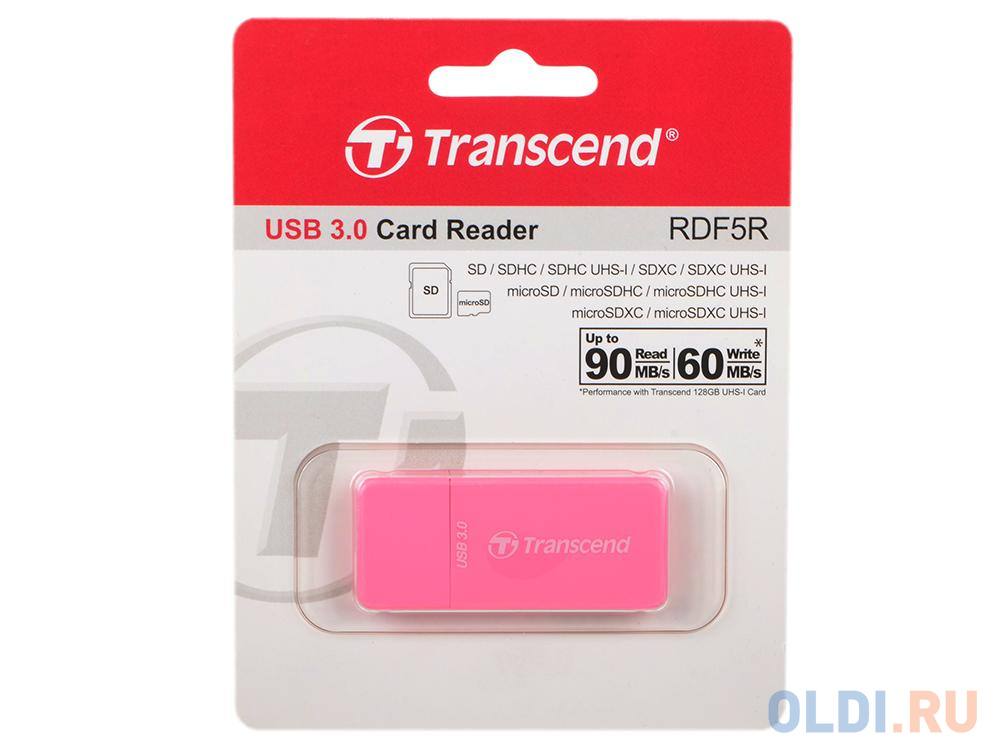 Картридер Transcend RDF5 USB 3.0 для карт памяти SD/microSD с поддержкой UHS-I розовый TS-RDF5R