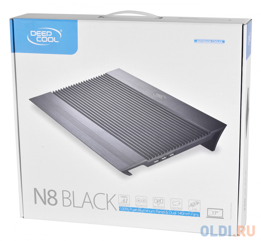 Теплоотводящая подставка под ноутбук DeepCool N8 BLACK (до 17", вентилятор 2x140мм,  алюминий, черный, 2USB )