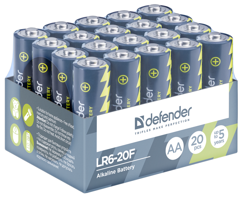 Батарея Defender Alkaline, AA (LR6-20F), 1.5V, 20шт. (56014)