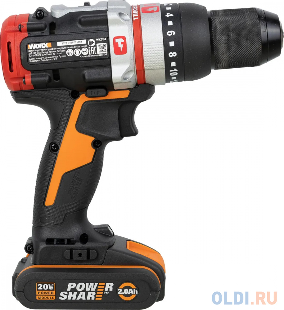 Дрель-шуруповерт ударная аккумуляторная WORX WX354. 20В. бесщеточная. 2.0 Ач х 2, кейс