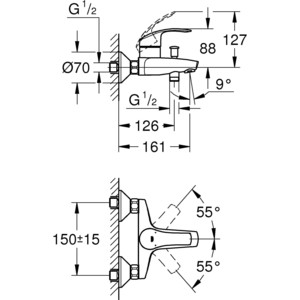 Смеситель для ванны Grohe Eurosmart New с душевым гарнитуром, хром (33300002, 27853001) в Москвe