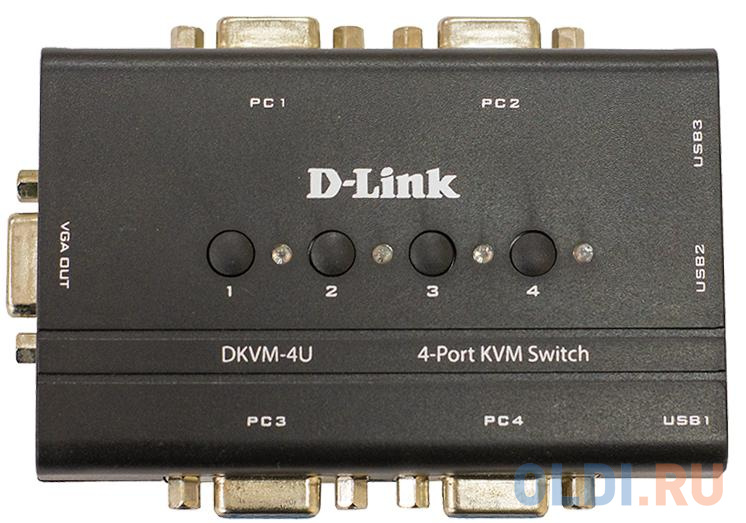 DKVM-4U/C2A 4-port KVM Switch with VGA and USB ports. Control 4 computers from a single keyboard, monitor, mouse, Supports video resolutions up to 204