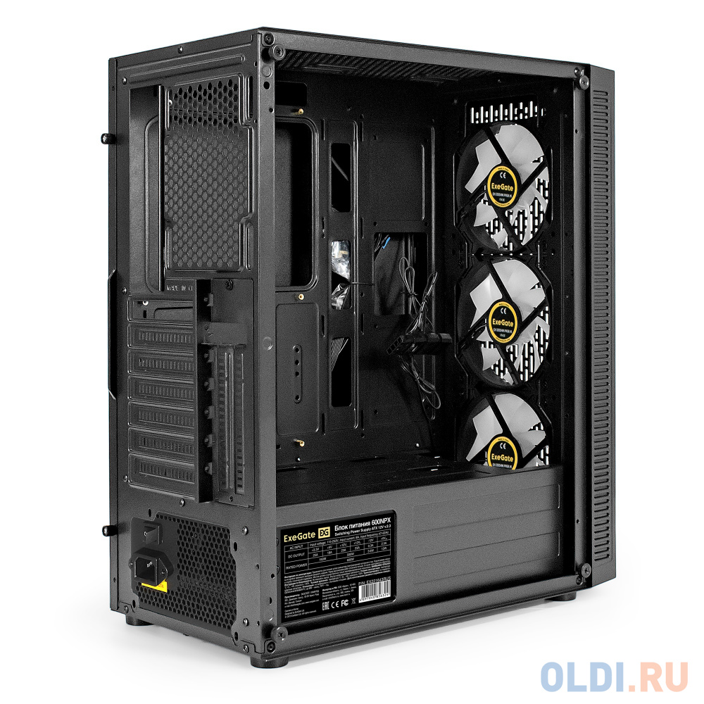 Корпус Miditower ExeGate EVO-5001A-600NPX (ATX, БП 600NPX с вент. 12 см, 2*USB+1*USB3.0+HD Audio, черный, 3 вент.12см с RGB подсветкой, боковая панель