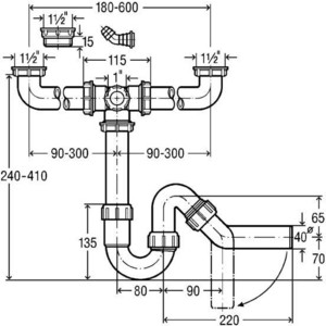 Сифон для кухонной мойки Viega двойной, с накидными гайками 1 1/2, штуцер, патрубок D40 (124205)