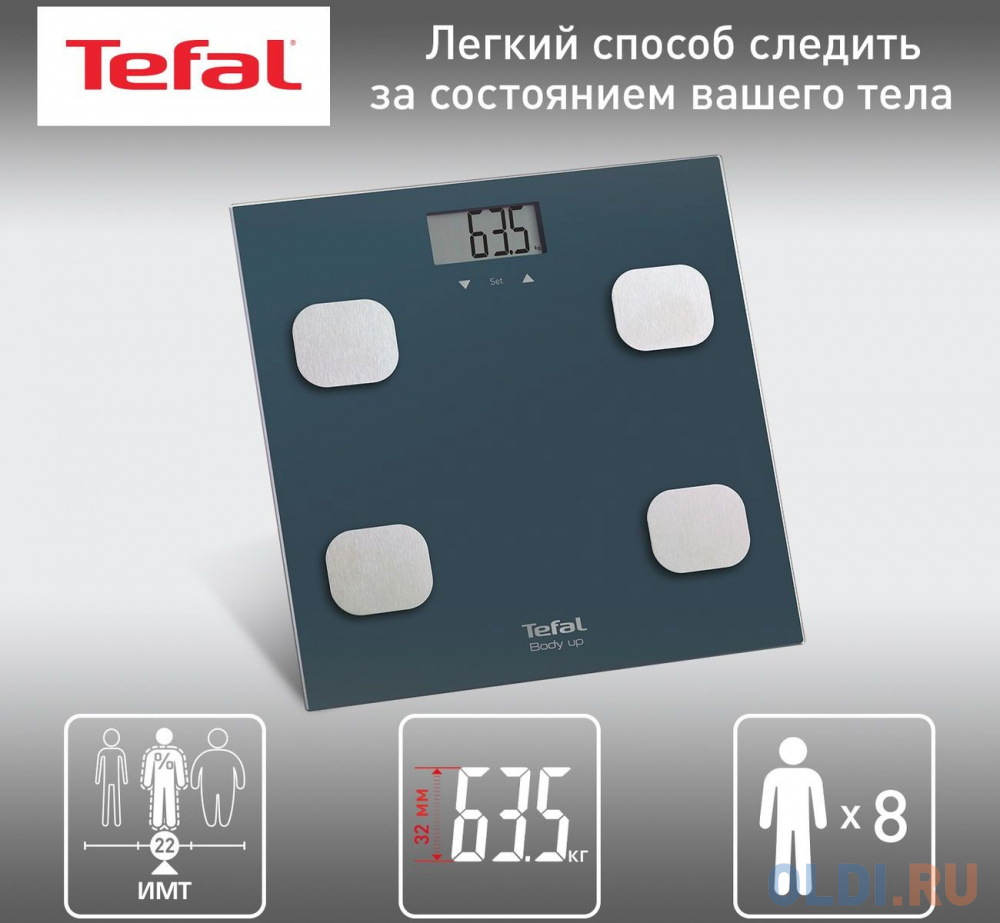 Весы напольные TEFAL Body Up BM2520V0, электронные, максимальная нагрузка 150 кг, квадрат, стекло, серые, 2100111795