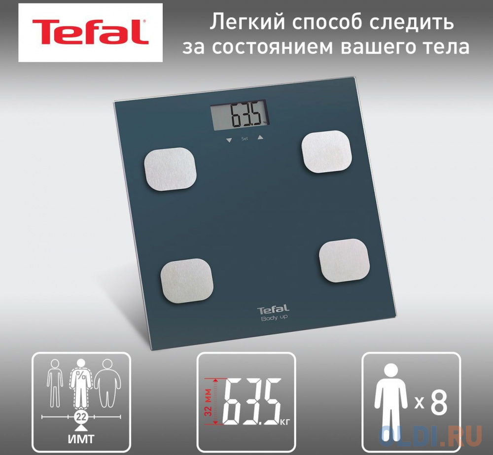 Весы напольные TEFAL Body Up BM2520V0, электронные, максимальная нагрузка 150 кг, квадрат, стекло, серые, 2100111795 в Москвe