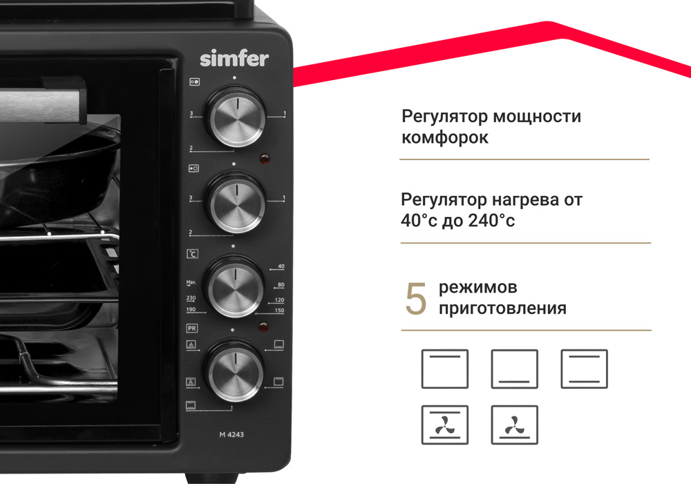 Мини-печь Simfer M4243 серия Albeni Plus, 5 режимов работы, с конфорками