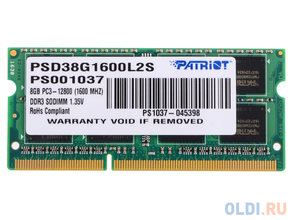 Оперативная память для ноутбука Patriot PSD38G1600L2S SO-DIMM 8Gb DDR3L 1600 MHz PSD38G1600L2S в Москвe