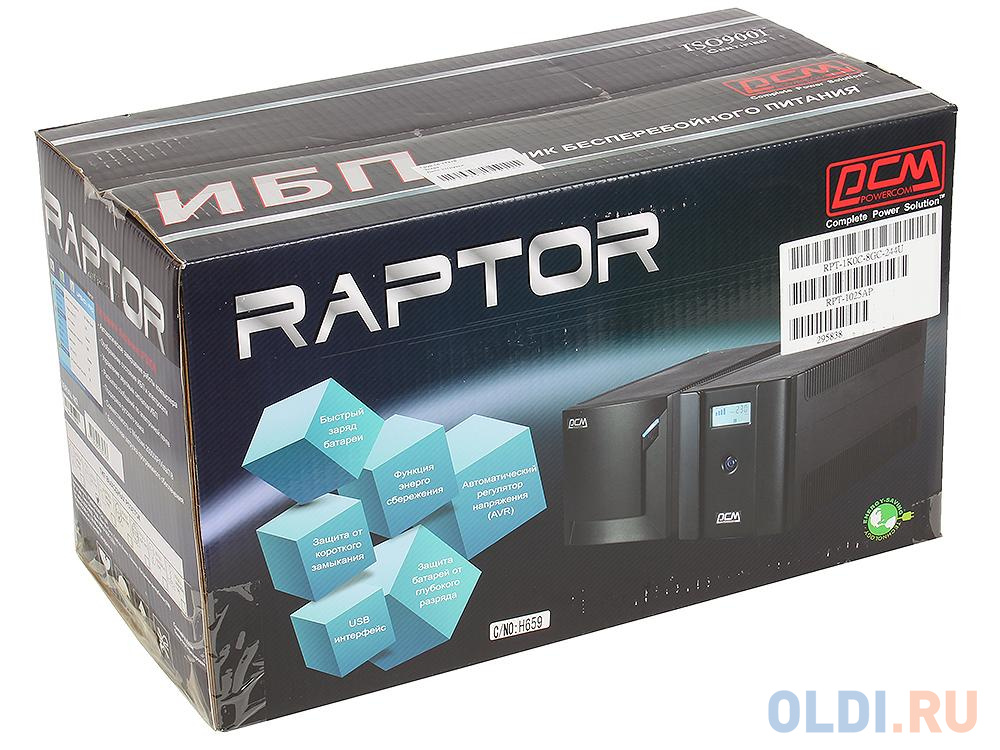 ИБП Powercom RPT-1025AP Raptor 1025VA/615W USB,AVR,RJ11,RJ45 (6 IEC)