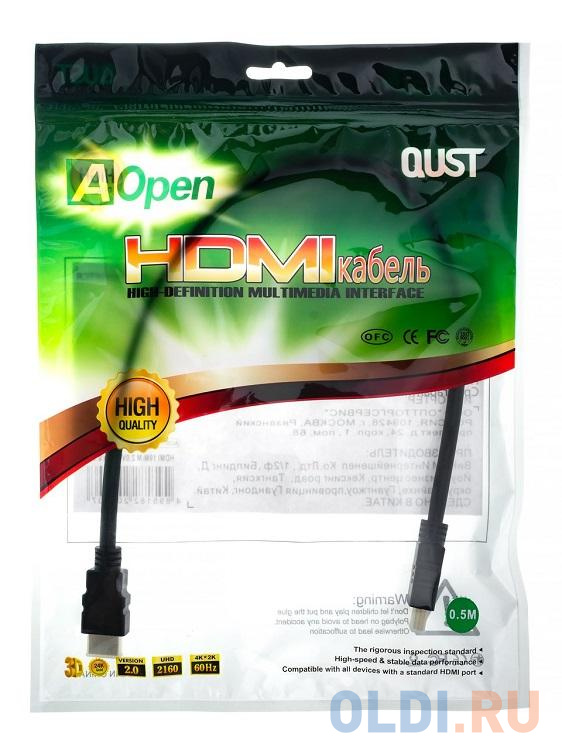 Кабель HDMI 19M/M ver 2.0, 0.5М  Aopen <ACG711-0.5M>