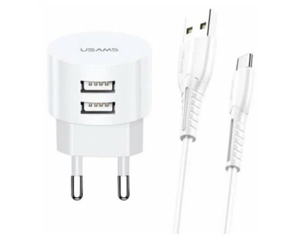 Сетевое зарядное устройство USAMS - (Модель Send-Tu Series Set) 2 USB + кабель Type-C U35, белый (XTXLOGT18TC05)