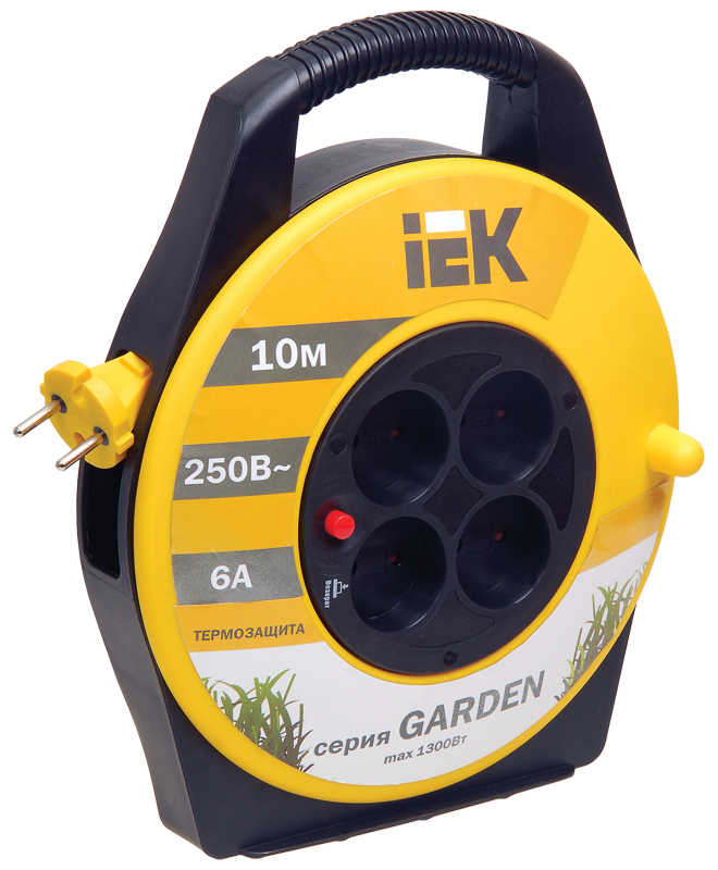 Удлинитель на катушке IEK Garden УК10, 4-розетки, 10м, желтый/черный (WKP23-06-04-10)