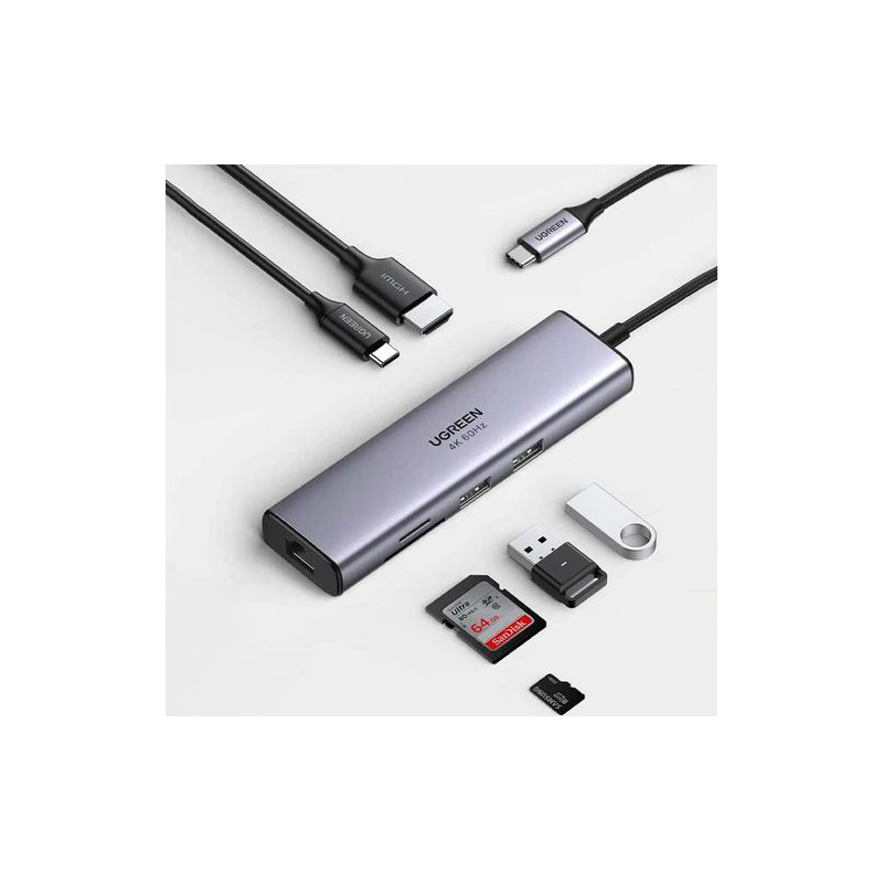 Конвертер Ugreen CM511 USB-C - HDMI+3xUSB 3.0 A+PD Silver 15596