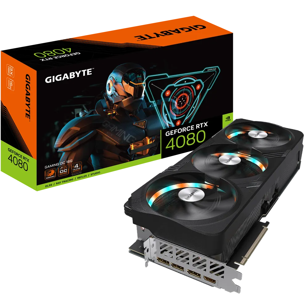 Видеокарта GIGABYTE NVIDIA GeForce RTX 4080 GAMING OC, 16Gb DDR6X, 256 бит, PCI-E, HDMI, 3DP, Retail (GV-N4080GAMING OC-16GD)