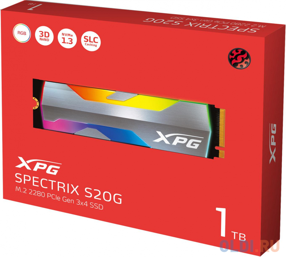 M.2 2280 1TB ADATA XPG SPECTRIX S20G RGB Client SSD [ASPECTRIXS20G-1T-C] PCIe Gen3x4 with NVMe, 2500/1800, IOPS 160/190K, MTBF 2M, 3D TLC, 600TBW, 0,3