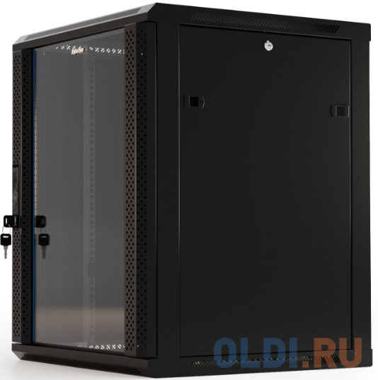 Шкаф настенный Hyperline TWB-0645-GP-RAL9004 19-дюймовый (19"), 6U, 367x600х450мм, стеклянная дверь с перфорацией по бокам, ручка с замком, цвет в Москвe