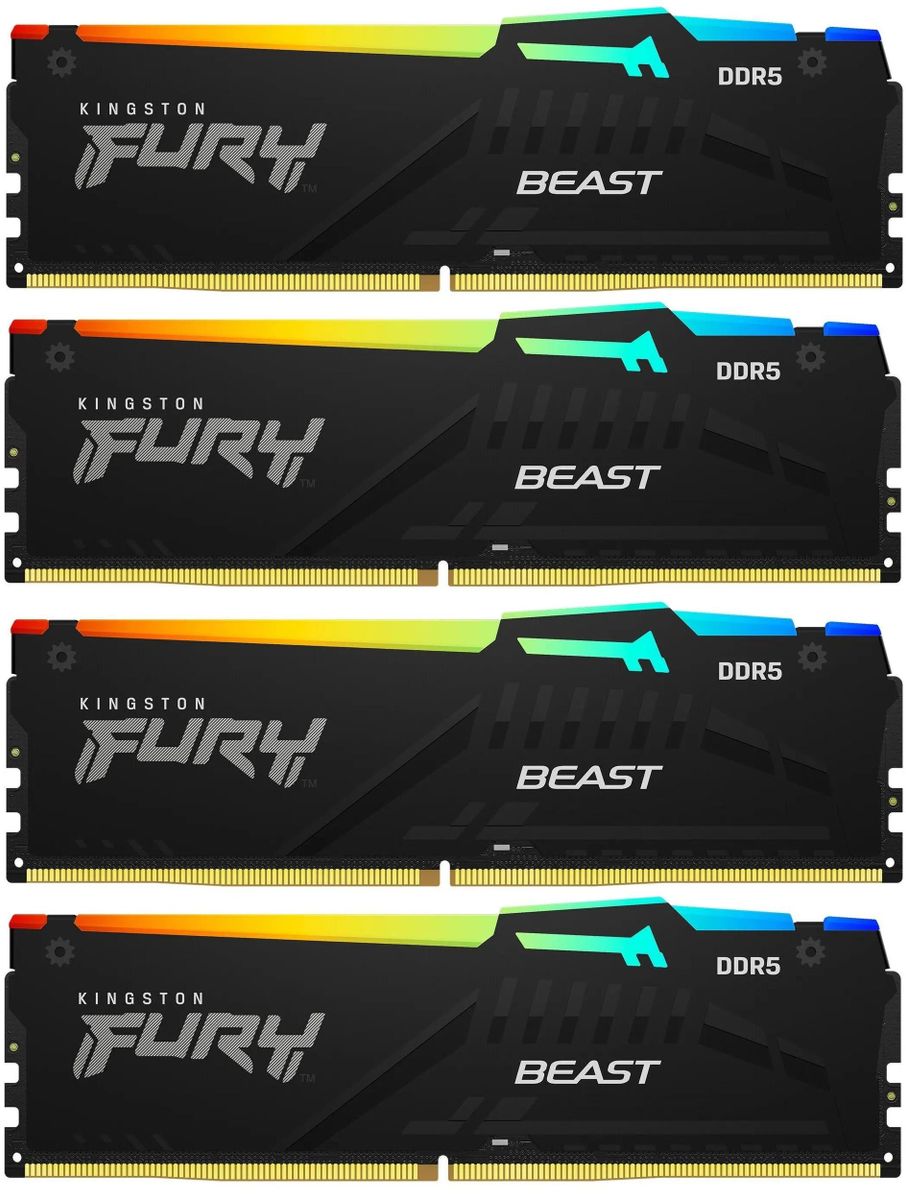 Комплект памяти DDR5 DIMM 64Gb (4x16Gb), 5200MHz, CL40, 1.25V, Kingston Fury Beast Black RGB (KF552C40BBAK4-64) Retail