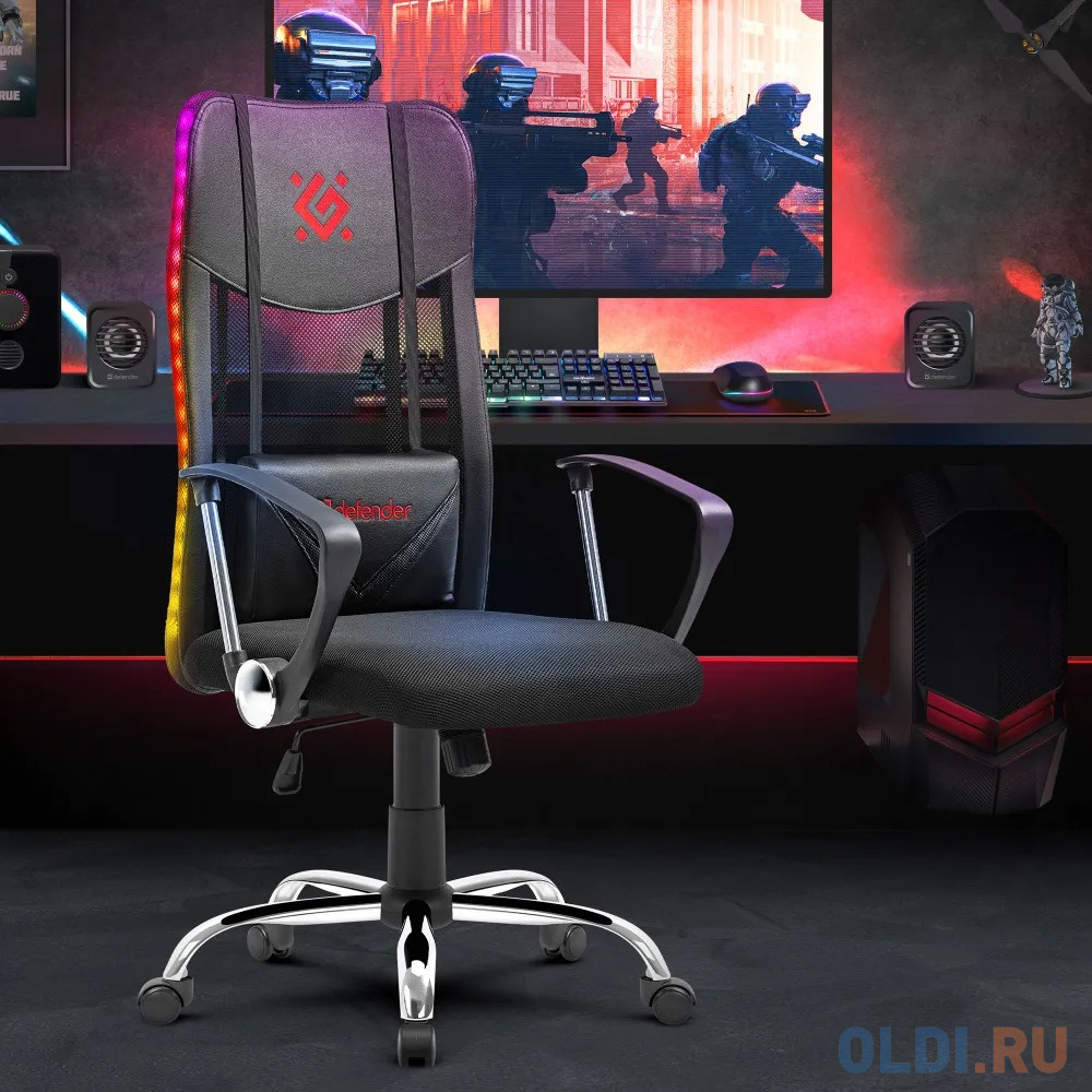 Игровое кресло DEFENDER TOTEM чёрное (экокожа, сетка, RGB подсветка, USB) в Москвe