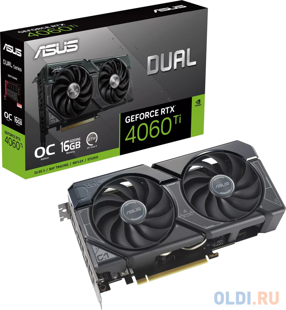 Видеокарта Asus PCI-E 4.0 DUAL-RTX4060TI-O16G NVIDIA GeForce RTX 4060TI 16384Mb 128 GDDR6 2595/18000 HDMIx1 DPx3 HDCP Ret