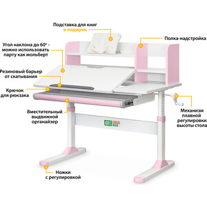 Комплект ErgoKids Парта TH-330 pink + кресло Y-507 KP (TH-330 W/PN + Y-507 KP) столешница белая, накладки на ножках розовые