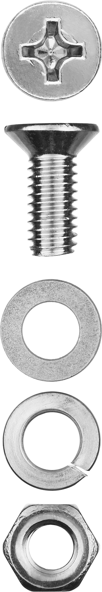 Винт (DIN965) с потайной головкой в комплекте с гайкой (DIN934), шайбой (DIN125), шайбой пруж. (DIN127) Зубр 303456-04-016, М4, 1.6 см, 965 DIN, 4 мм, оцинкованная сталь, 30 шт., фасовка (303456-04-016)