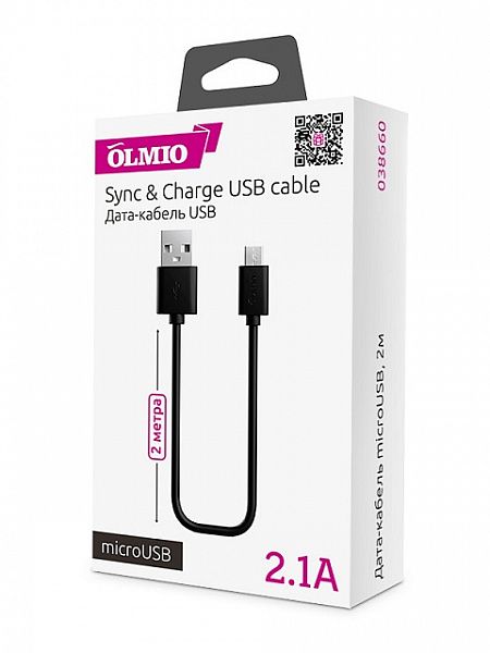 Кабель OLMIO USB 2.0 - microUSB,  2м, 2.1A, черный в Москвe