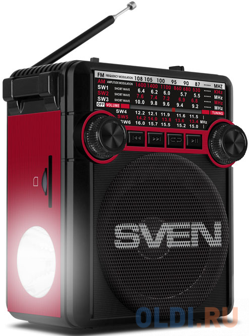 АС SVEN SRP-355, красный (3 Вт, FM/AM/SW, USB, SD/microSD, фонарь, встроенный аккумулятор)