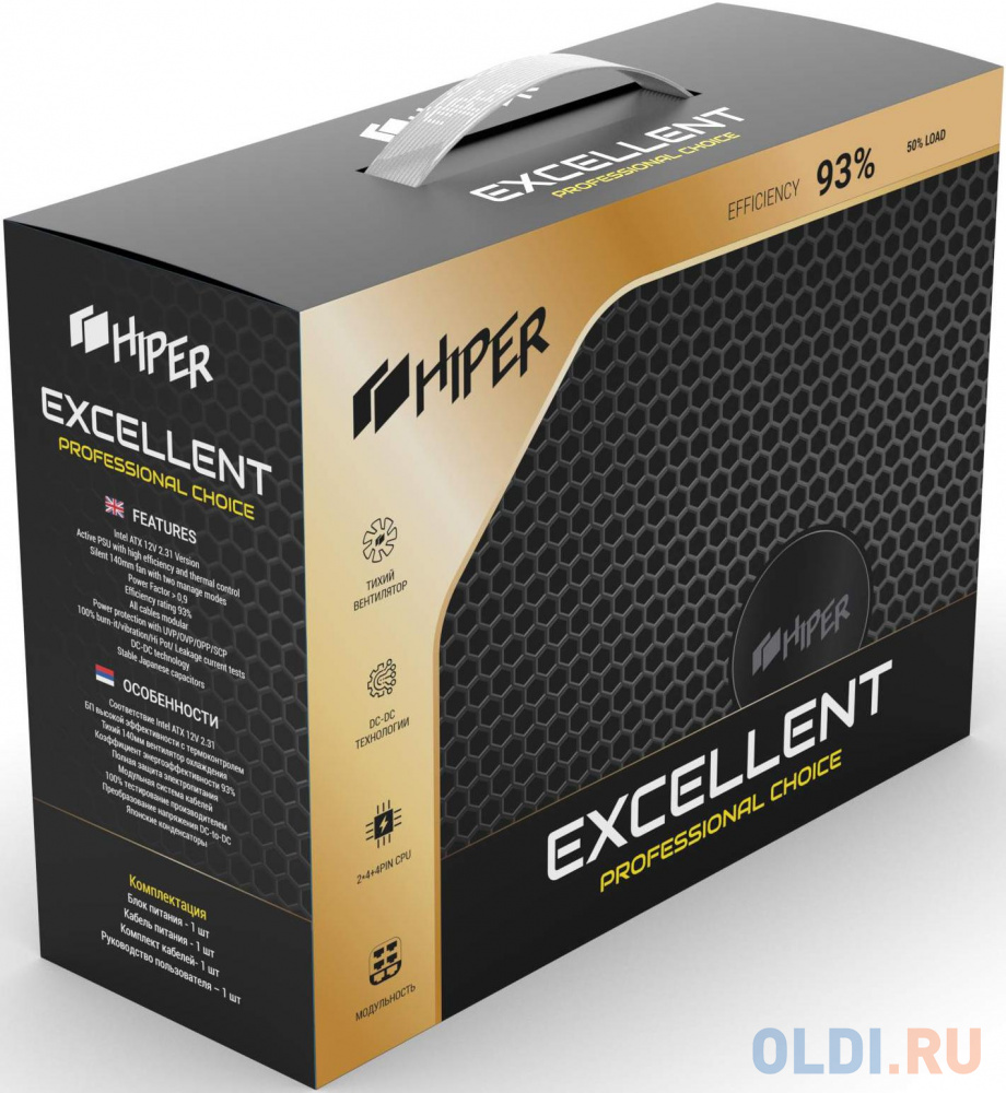 блок питания для ПК 1000 Ватт/ PSU HIPER HPG-1000FM (1000W 80+Gold, 14cm Fan, 220V input, Efficiency 90%, Modular, Black) BOX