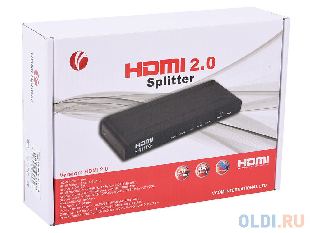 Разветвитель HDMI Spliitter 1=4 2.0v, 4K/60Hz, VCOM <DD424