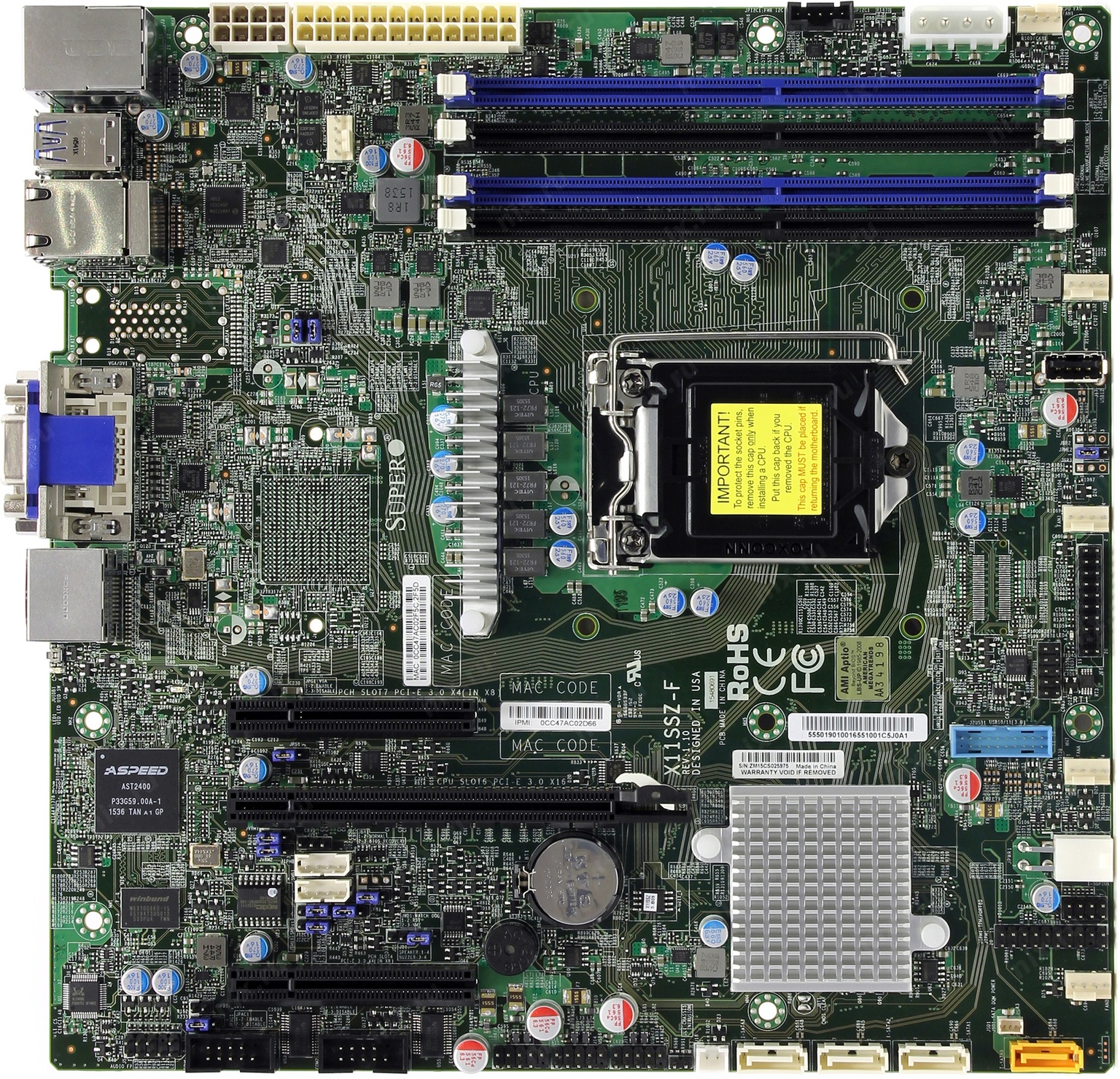 Материнская плата Supermicro X11SSZ-F, 1xSocket1151, iC236, 4xDDR4, PCI-Ex16, 4SATA3 RAID 0/1/5/10, 7.1-ch, 2GLAN, 9xUSB 2.0, 2xUSB 3.0, VGA, DVI, DisplayPort, mATX, Bulk (MBD-X11SSZ-F-B)
