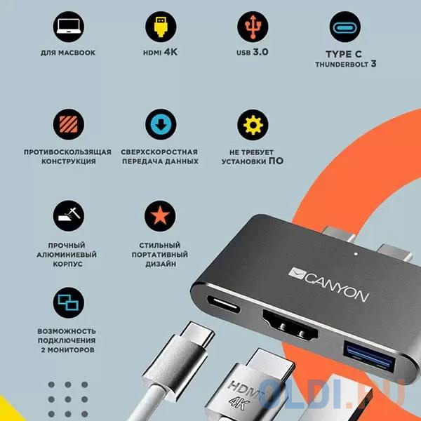 CANYON DS-1 Multiport Docking Station with 3 port, with Thunderbolt 3 Dual type C male port, 1*Thunderbolt 3 female+1*HDMI+1*USB3.0. Input 100-240V, O