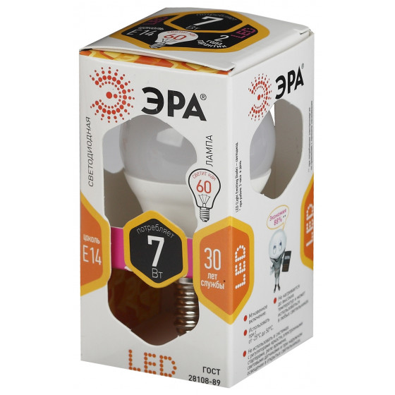 Лампа светодиодная E14 шар/P45, 7Вт, 2700K / теплый свет, 560лм, ЭРА LED P45-7W-827-E14 (Б0020548)